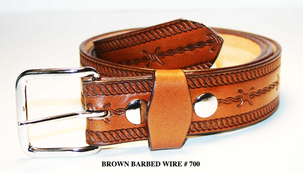SALE$ 1 1/2" AMISH HANDMADE EMBOSSED BARB WIRE BELTS IN BLK OR BRN SOLID LEATHER 